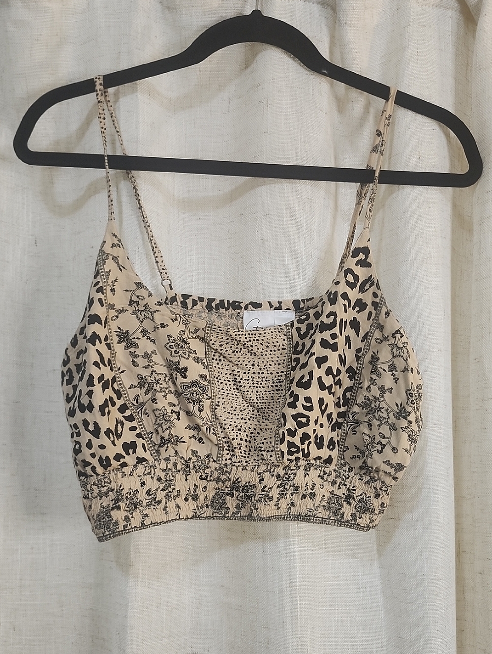 goa Beachwear Beige & Black Printed Cropped Cami with Smocked Hem